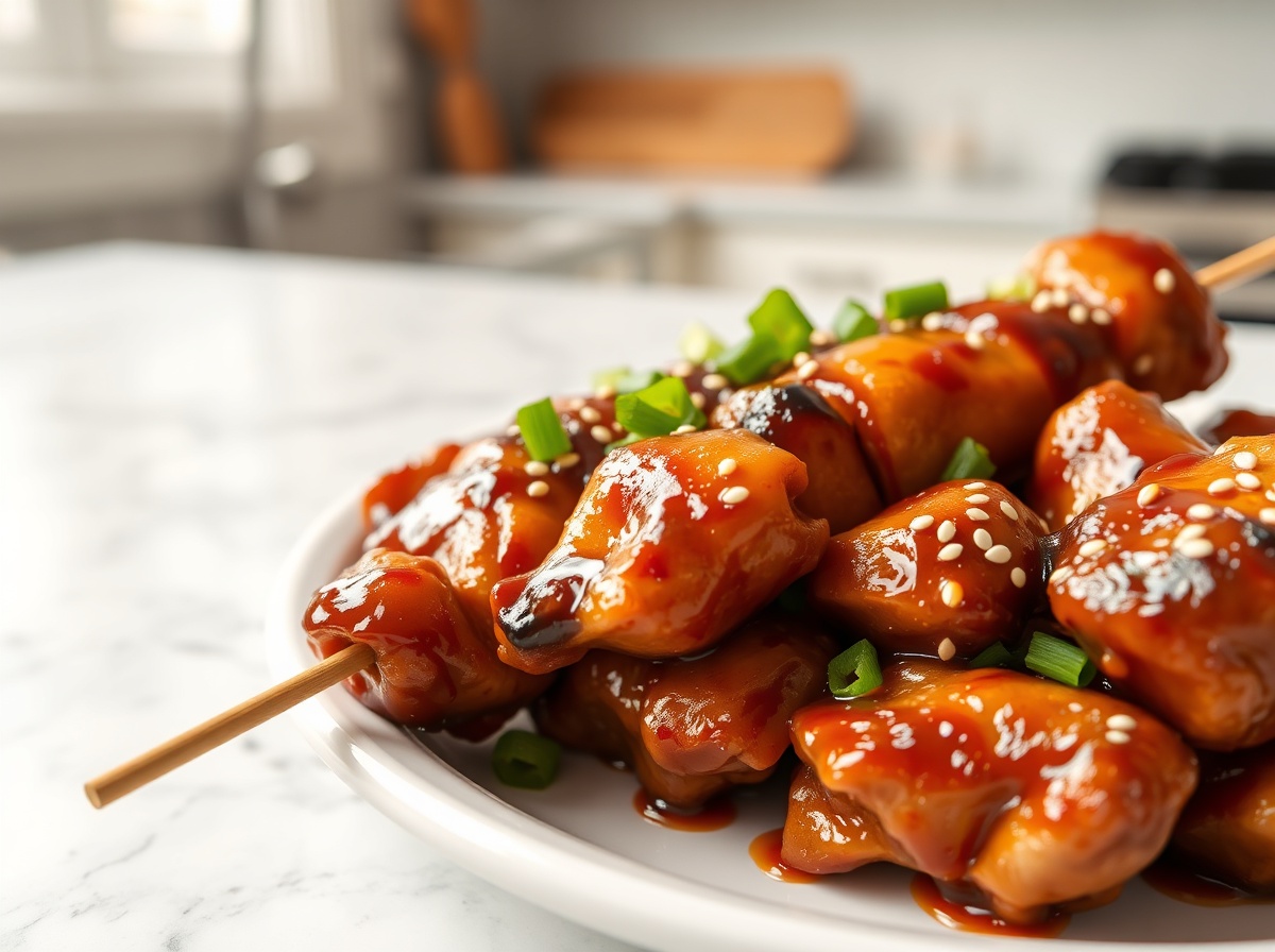 Brochettes de poulet teriyaki en Airfryer, savoureuses et caramélisées.