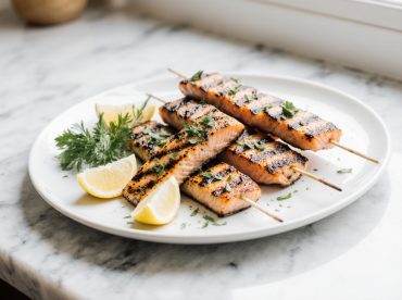 Délicieuses brochettes de saumon cuites en Airfryer, savoureuses et saines.