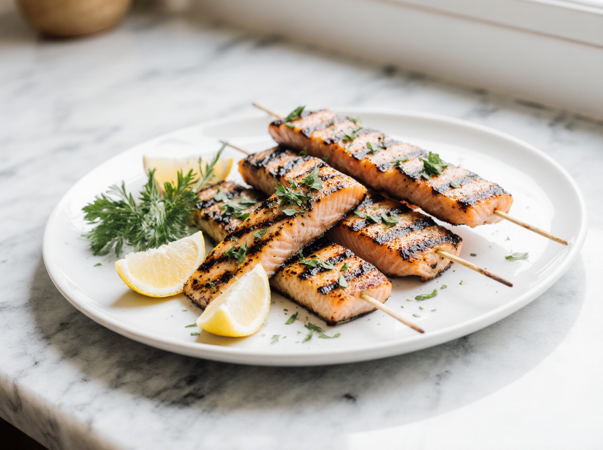 Délicieuses brochettes de saumon cuites en Airfryer, savoureuses et saines.