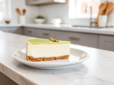 Délicieux cheesecake à la pistache préparé en Airfryer, crémeux et parfumé.