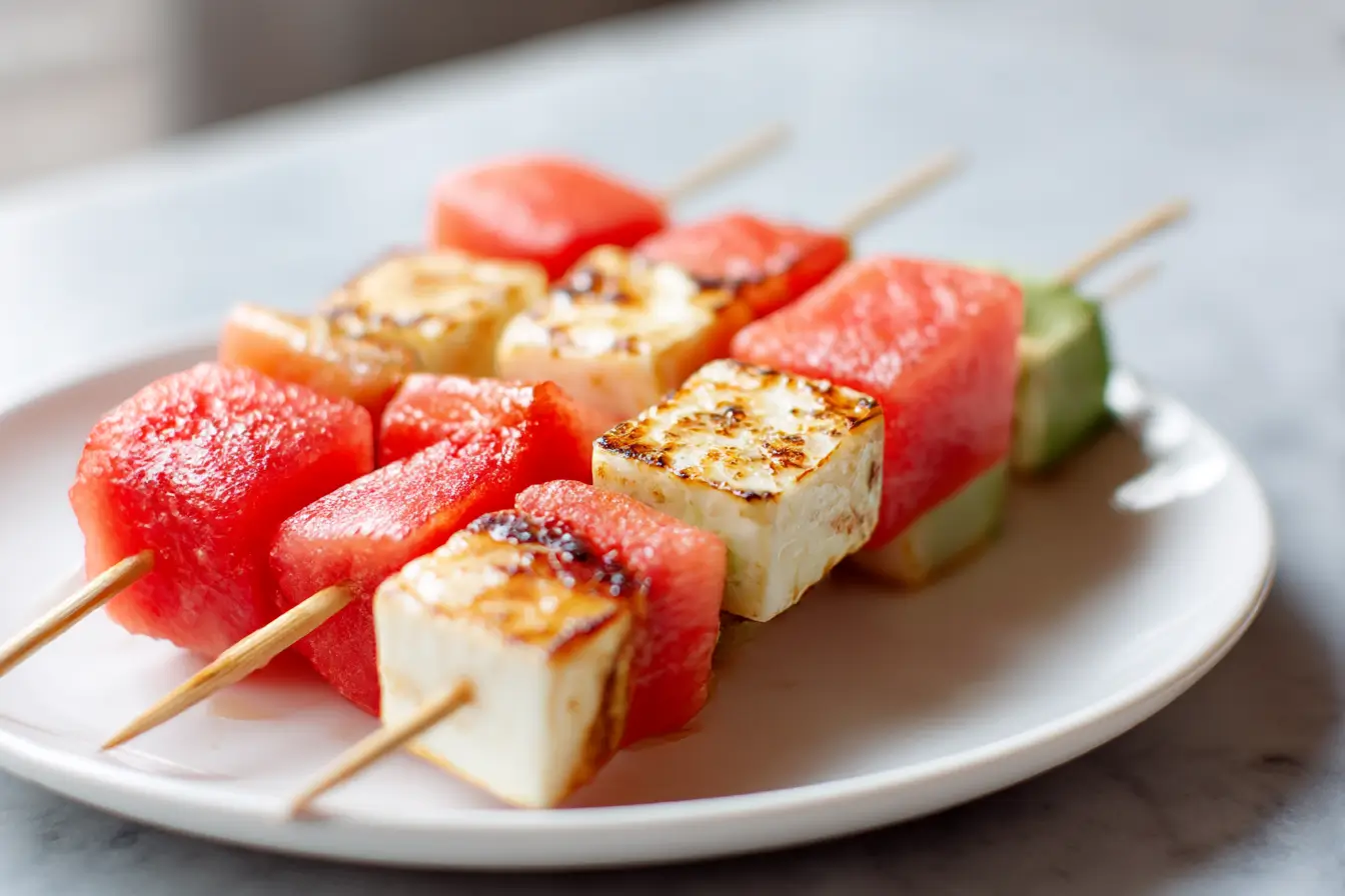 Brochettes de pastèque et halloumi préparées en Airfryer, savoureuses et colorées