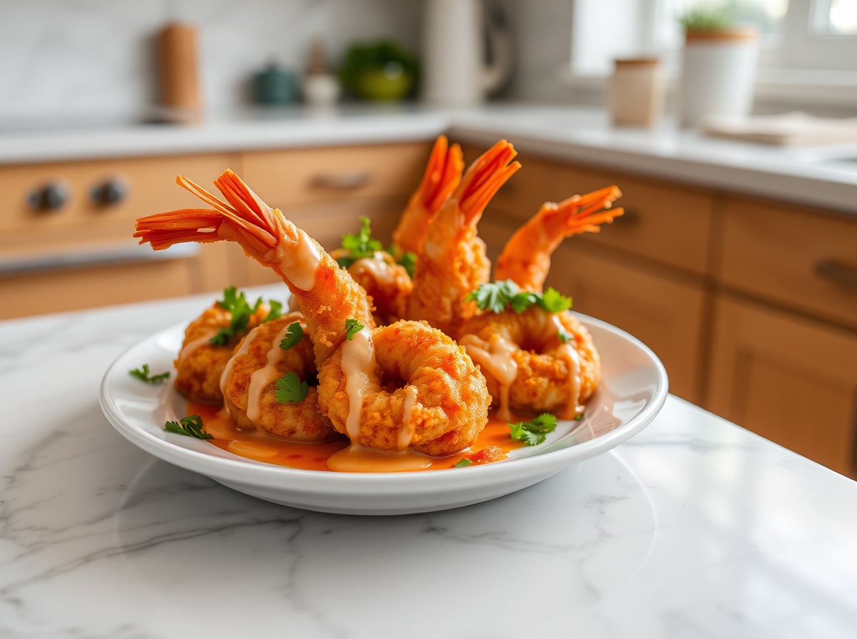 Délicieuses crevettes bang bang préparées en Airfryer, croustillantes et savoureuses