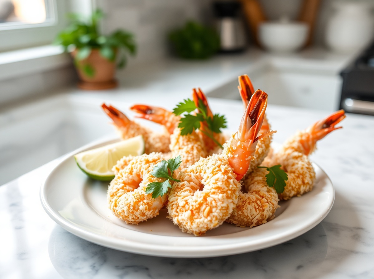 Crevettes en robe de coco cuites à l'Airfryer, croustillantes et savoureuses