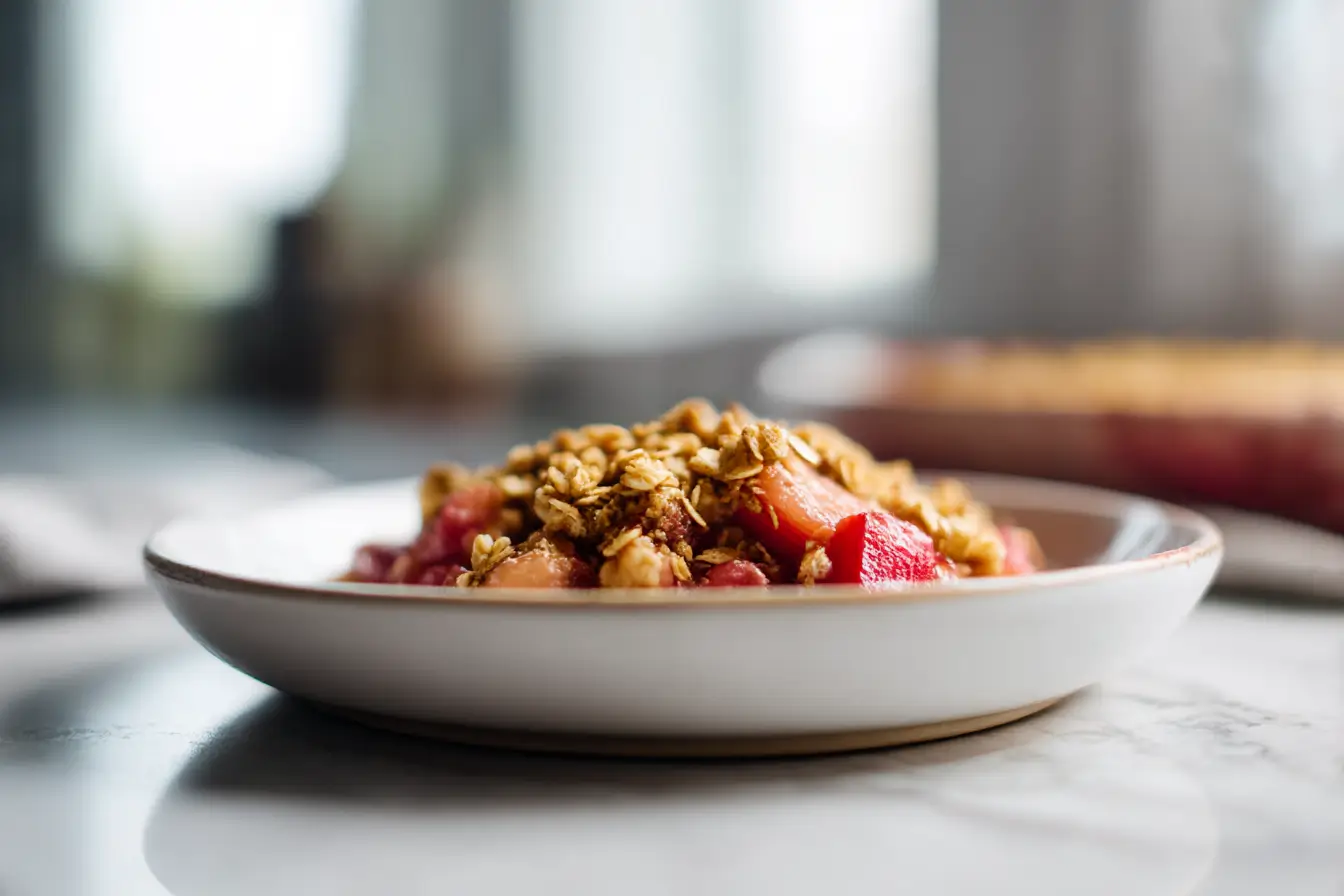 Délicieux crumble de rhubarbe préparé en Airfryer, croustillant et savoureux