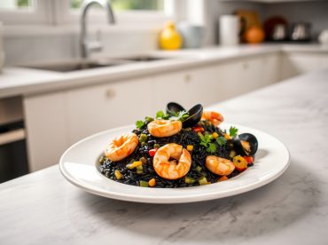 Paella de riz noir express au Airfryer, savoureuse et rapide à préparer.