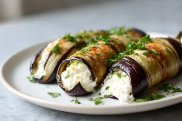 Roulés d’aubergine en Airfryer, savoureux et colorés.