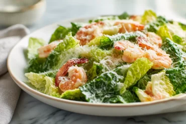 Savoureuse salade césar aux crevettes cuisinée en Airfryer avec des ingrédients frais.