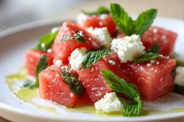 Salade de pastèque et feta préparée à l'Airfryer, fraîche et colorée
