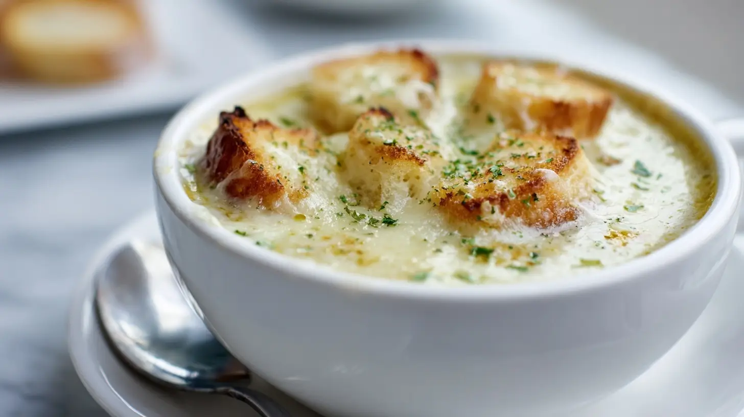 Savoureuse soupe à l'oignon gratinée au Airfryer, avec un fromage fondant.
