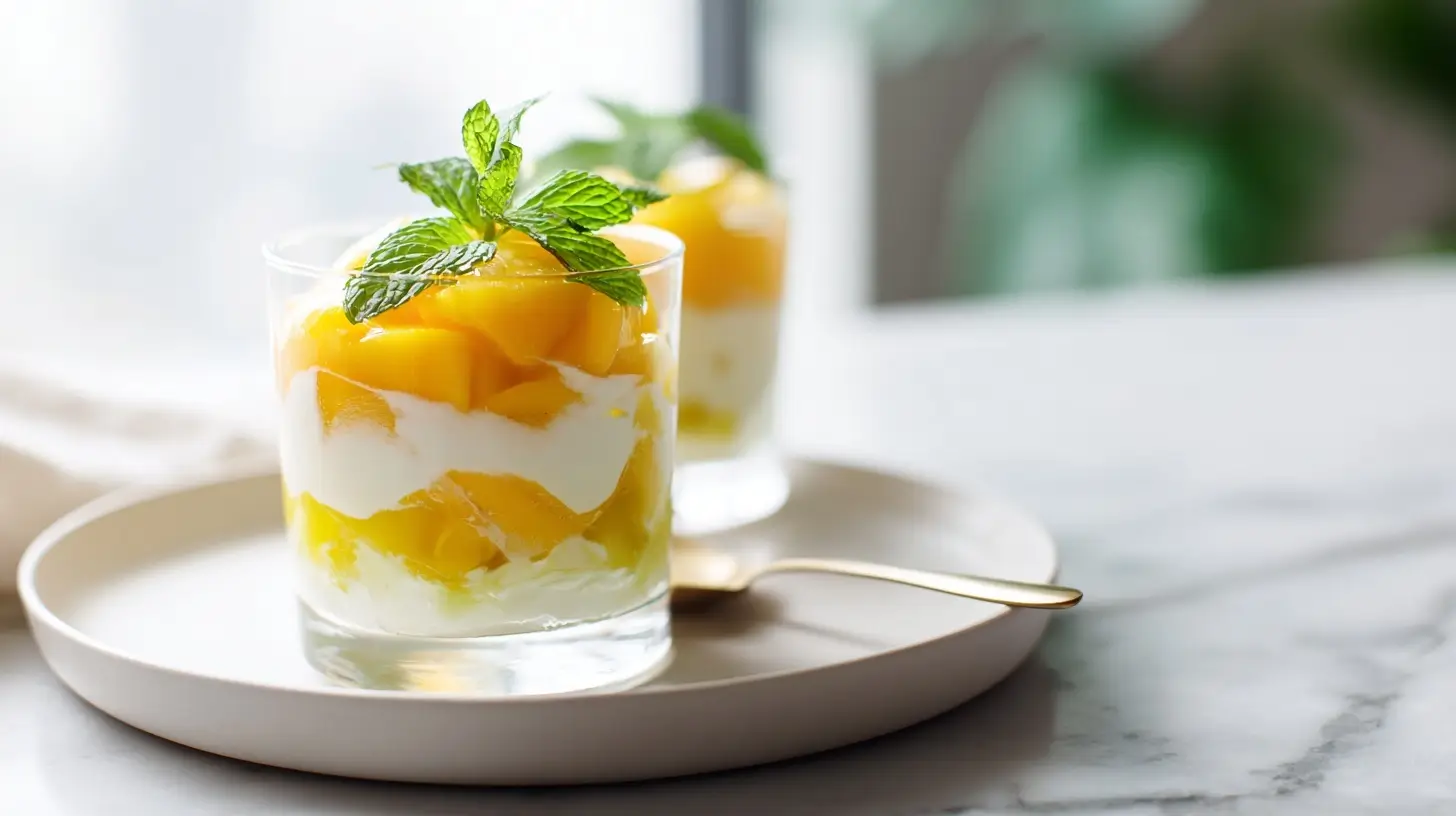 Verrines légères mangue-passion au Airfryer, délicieuses et colorées.