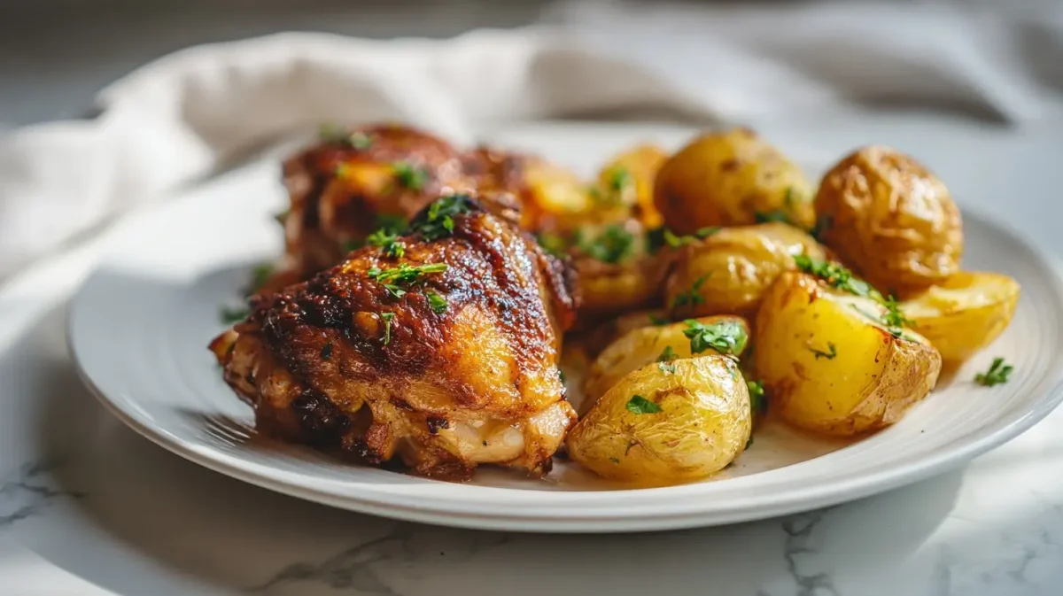 Cuisse de poulet et pommes de terre délicieusement croustillantes en Airfryer.