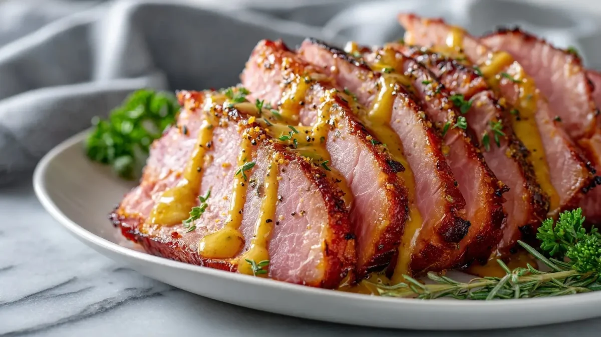 Jambon tendre et juteux cuit à l'Airfryer, prêt à être dégusté.