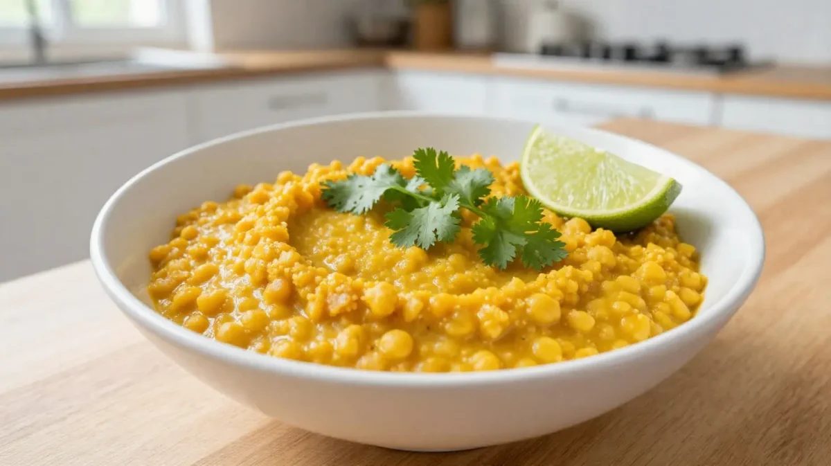 Dahl savoureux de lentilles corail préparé à l'airfryer, offrant une texture parfaite et des saveurs intenses.