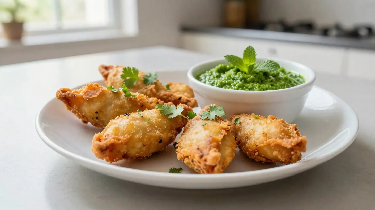 Délicieux pakoras croustillants préparés dans un airfryer, parfaits pour l'apéritif.