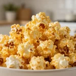 Délicieux popcorn au caramel préparé dans un airfryer pour une collation sucrée et croustillante.