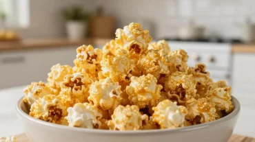 Délicieux popcorn au caramel préparé dans un airfryer pour une collation sucrée et croustillante.