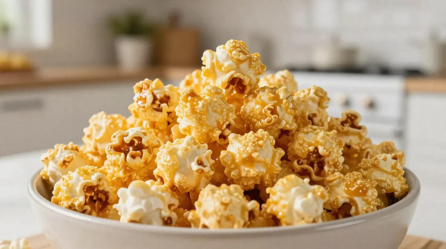 Délicieux popcorn au caramel préparé dans un airfryer pour une collation sucrée et croustillante.