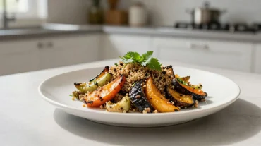 Savoureux quinoa aux légumes rôtis cuit dans un airfryer, plein de saveurs.
