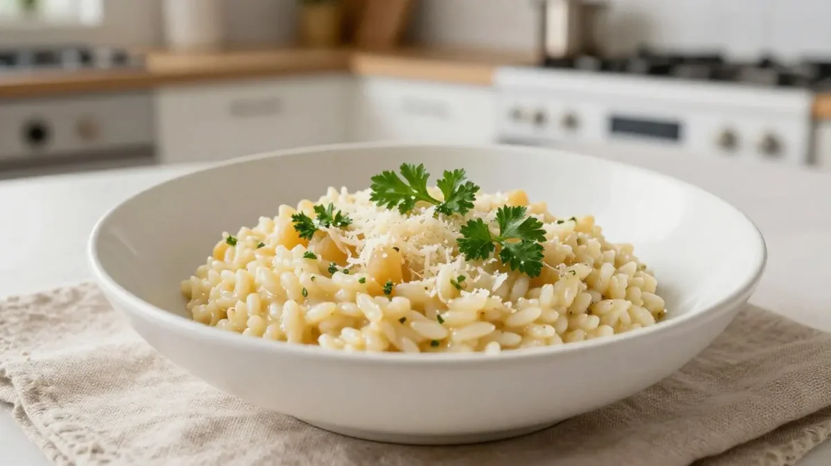 Délicieux risotto crémeux préparé dans un airfryer, alliant saveurs riches et onctuosité.