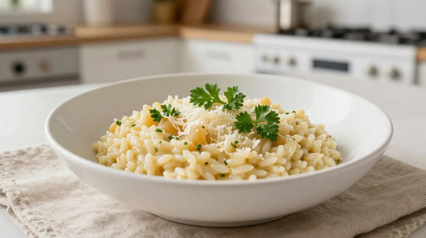 Délicieux risotto crémeux préparé dans un airfryer, alliant saveurs riches et onctuosité.