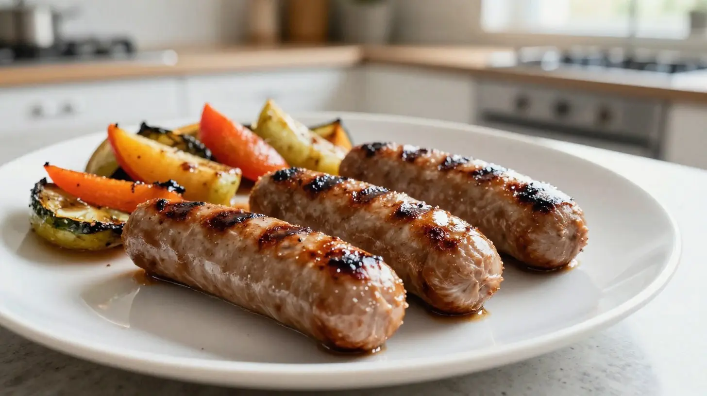 Délicieuses chipolatas grillées préparées à l'airfryer, savoureuses et croustillantes.
