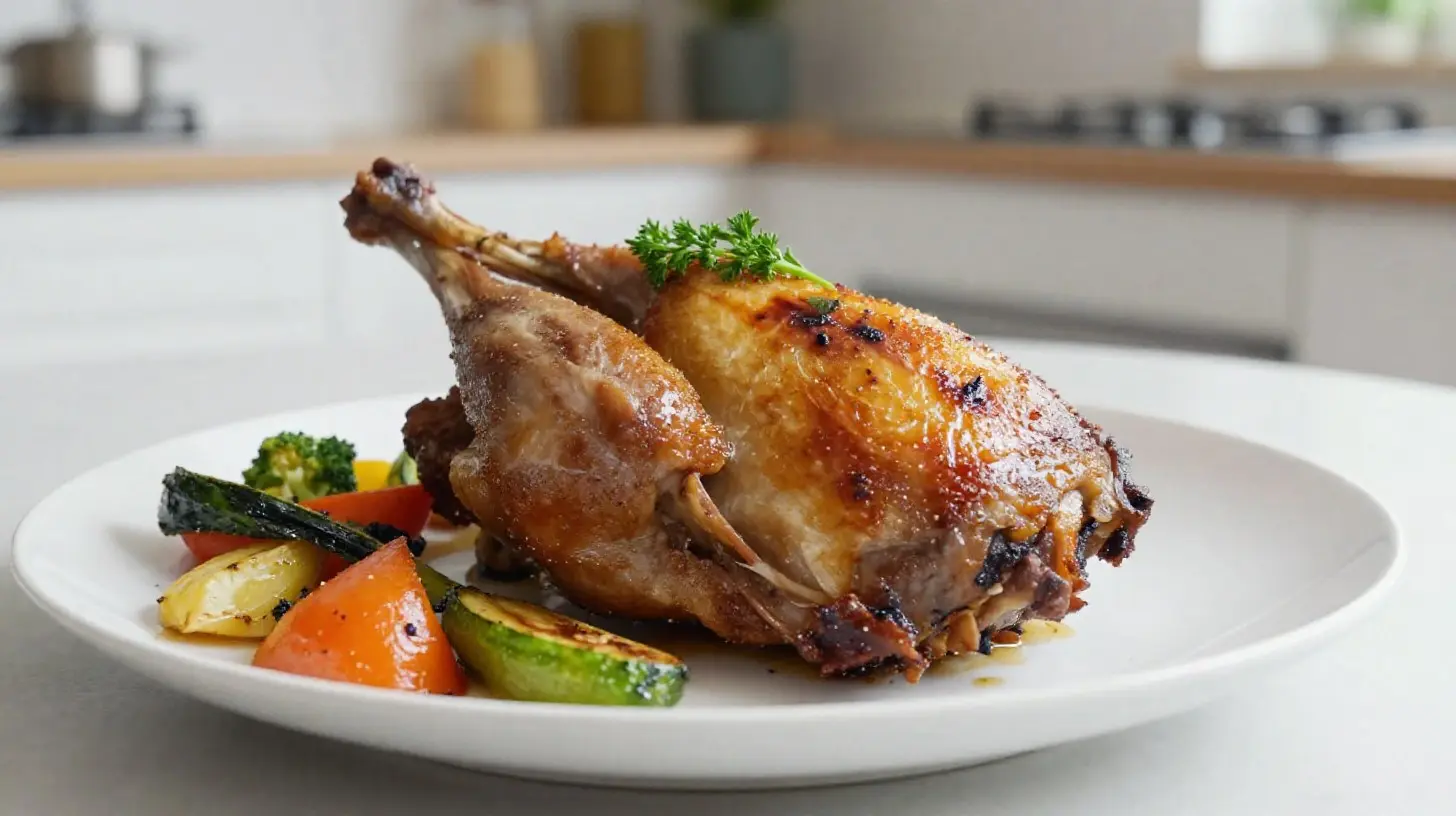 Délicieux coquelet rôti préparé dans une airfryer avec des épices savoureuses.