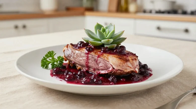 Savoureux filet de canard aux fruits rouges préparé à l'airfryer, idéal pour un dîner chic.