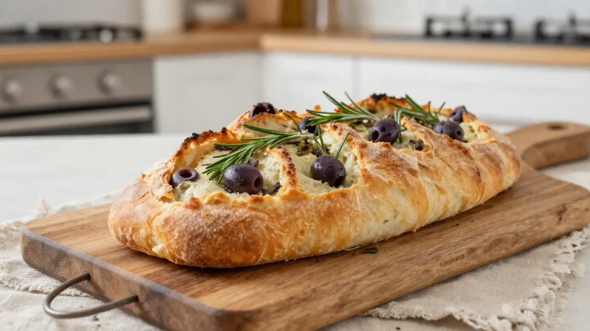 Délicieuse fougasse aux olives et romarin préparée au airfryer.