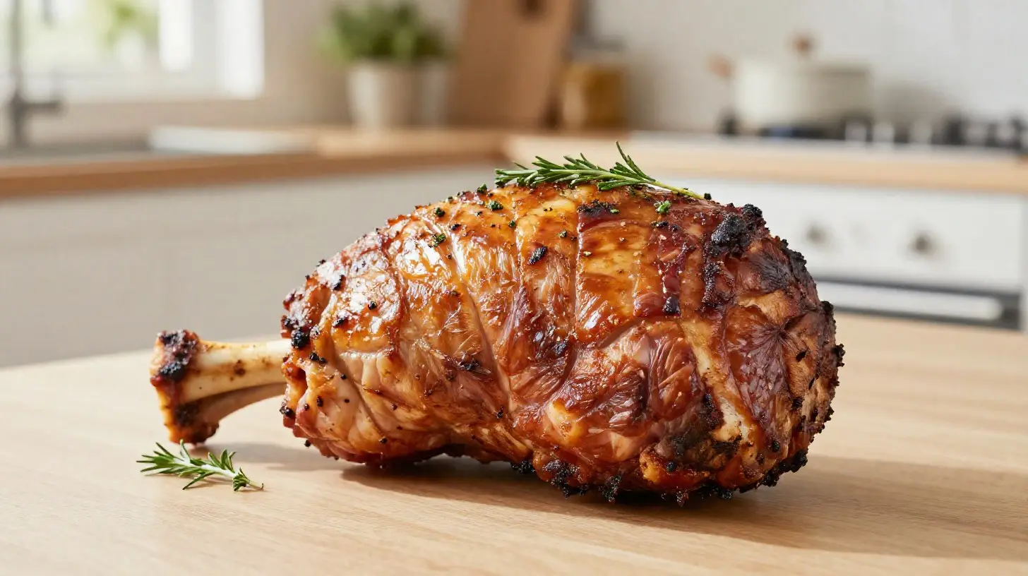 Délicieux jambon à l'os préparé à l'airfryer pour une cuisson parfaite.