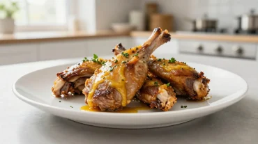 Délicieux lapin à la moutarde préparé dans l'airfryer, savoureux et croustillant.