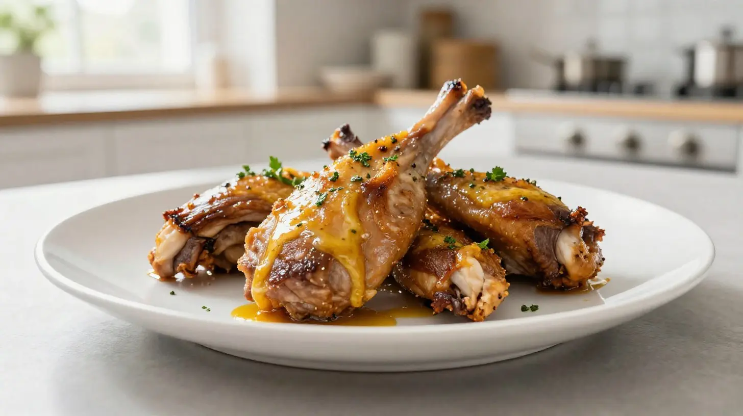 Délicieux lapin à la moutarde préparé dans l'airfryer, savoureux et croustillant.