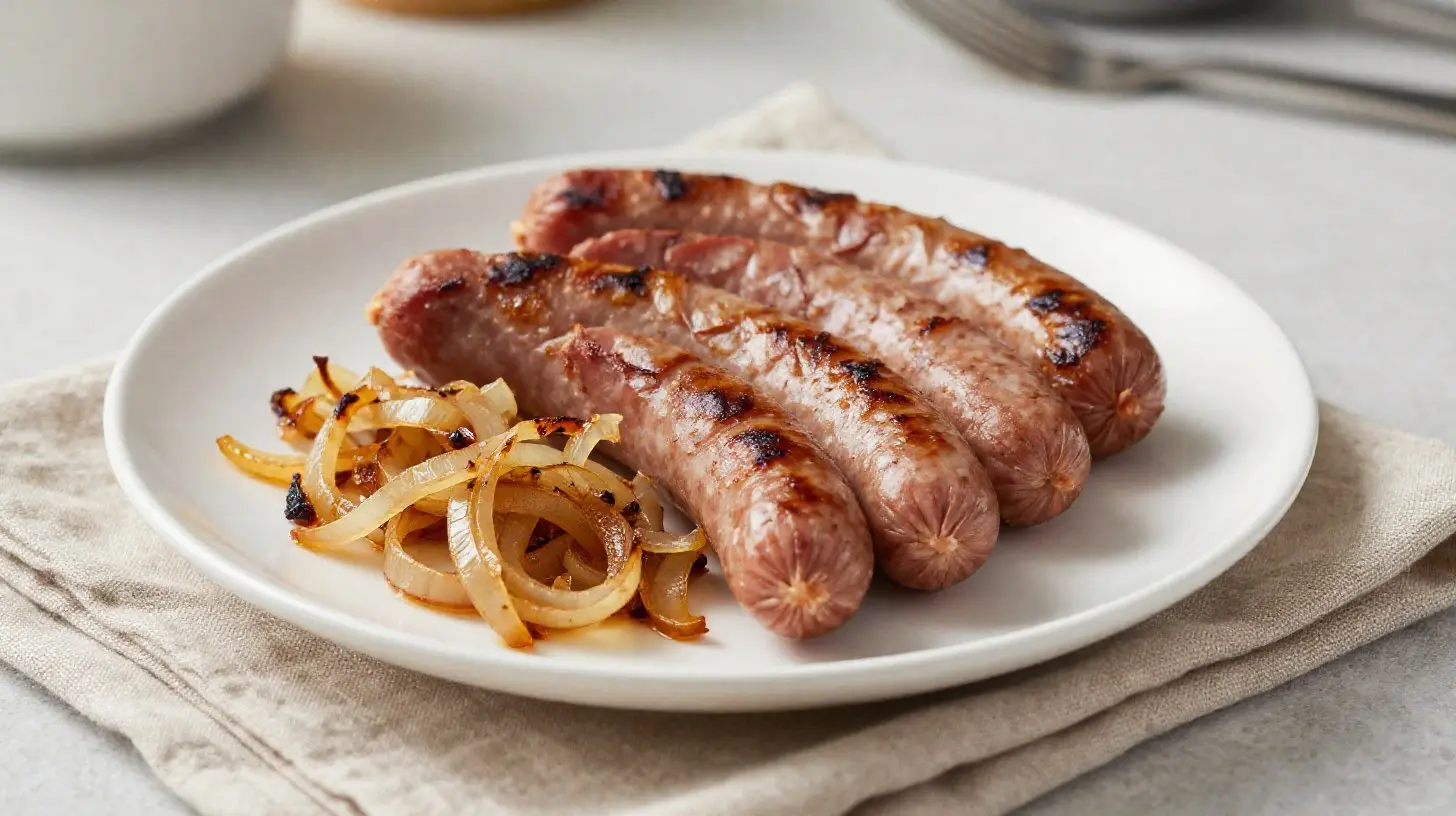 Délicieuses merguez croustillantes avec des oignons caramélisés préparées à l'airfryer.