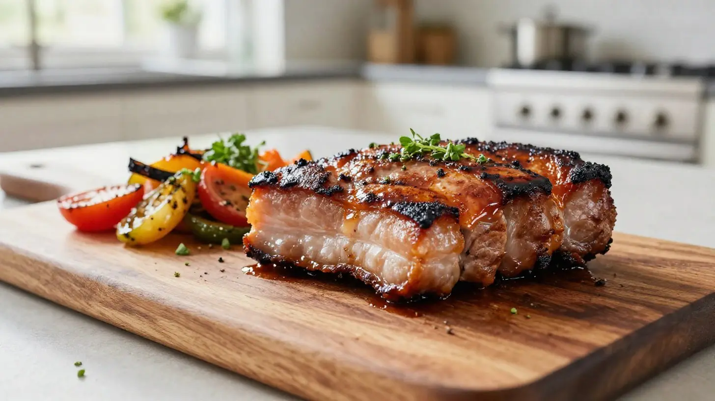 Délicieuse poitrine de porc grillée à l'airfryer, juteuse et croustillante.