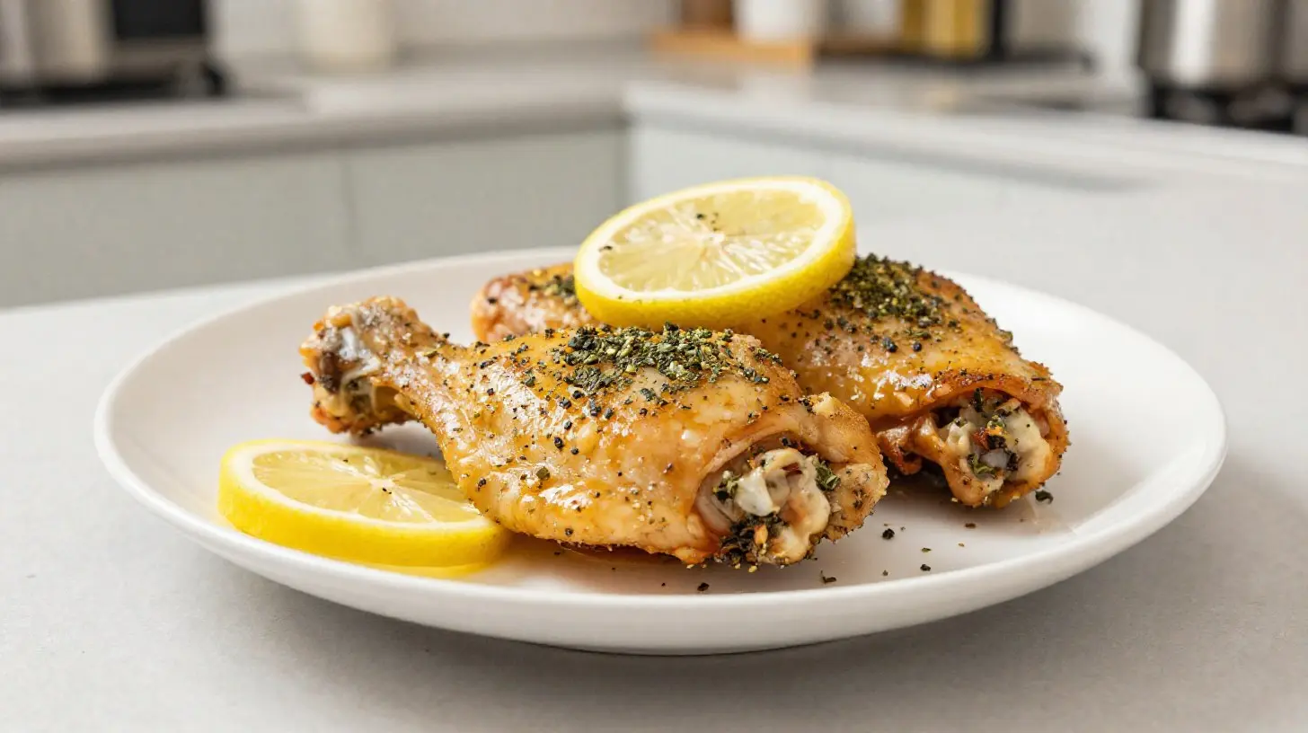 Poulet au citron et herbes de Provence parfaitement cuit dans l'airfryer, avec une peau dorée et croustillante.