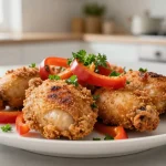 Poulet basquaise savoureux cuit à l'airfryer, avec des poivrons et des épices.
