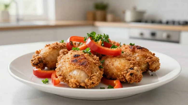 Poulet basquaise savoureux cuit à l'airfryer, avec des poivrons et des épices.
