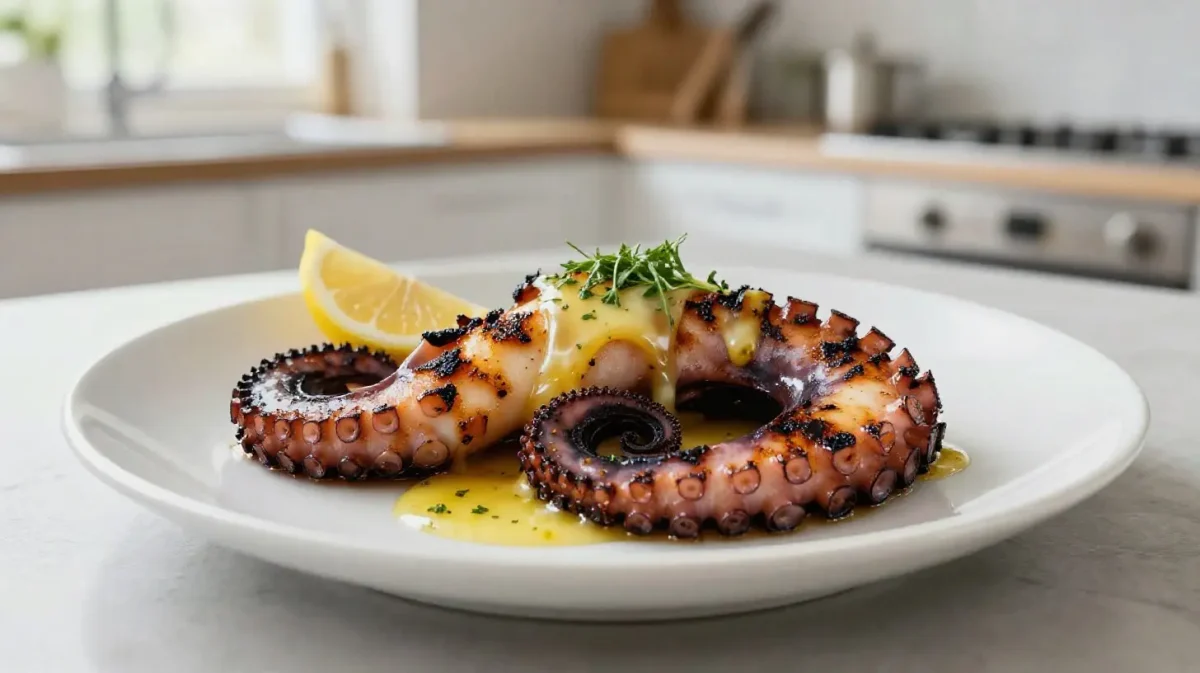 Délicieux poulpe à la plancha préparé dans un airfryer, parfait pour une cuisson rapide.