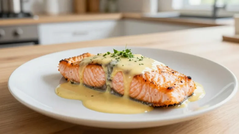 Saumon cuit à la perfection avec une sauce beurre blanc, préparé dans un airfryer.