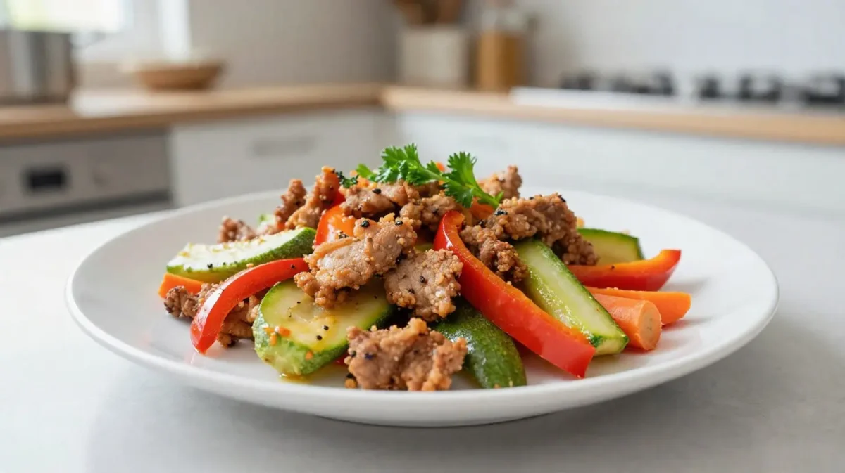Sauté de porc aux légumes préparé dans une airfryer pour une cuisson saine et savoureuse.