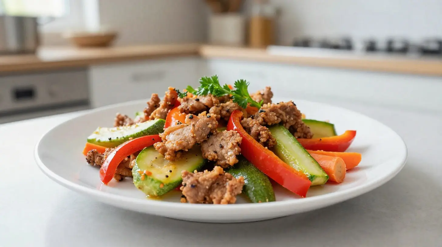Sauté de porc aux légumes préparé dans une airfryer pour une cuisson saine et savoureuse.