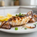 Délicieuse seiche grillée préparée à l'airfryer, croustillante à l'extérieur et tendre à l'intérieur.