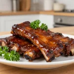 Délicieux travers de porc cuits au barbecue dans l'airfryer, croustillants et savoureux.