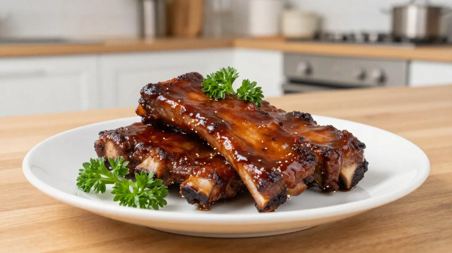 Délicieux travers de porc cuits au barbecue dans l'airfryer, croustillants et savoureux.