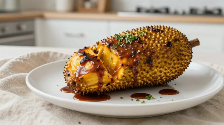 Délicieux jackfruit BBQ cuit à l'airfryer, savoureux et tendre.